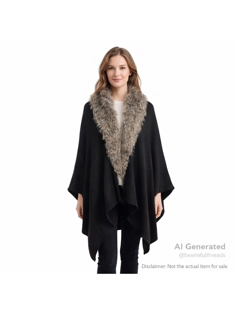 Faux Fur Trim Draped Shawl Cape One Size Black Cozy Chic